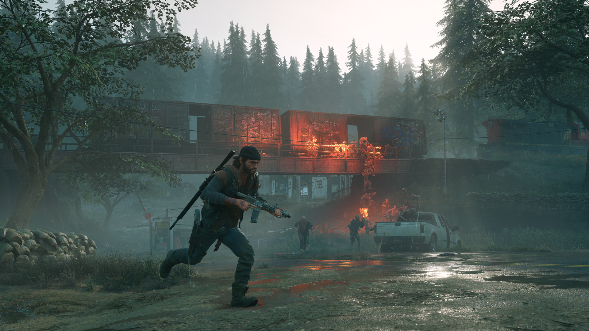 A survivor running from an infected horde beneath a burning railway bridge