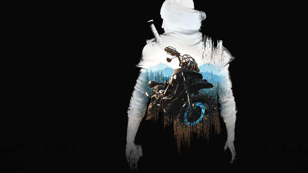 Double-exposure silhouette of a survivor filled with a motorcycle and forest