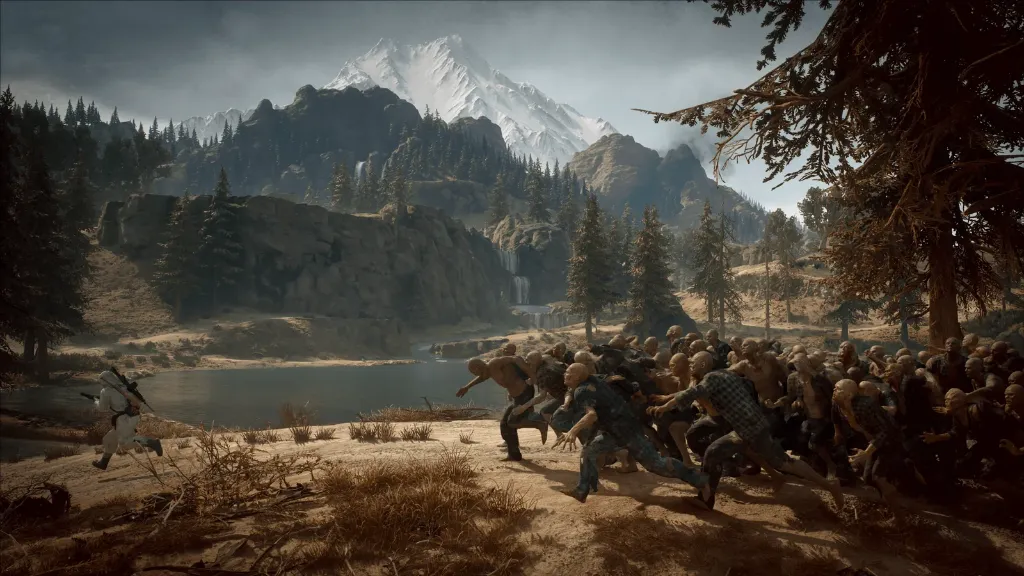A survivor sprinting from a massive infected horde beside a mountain lake