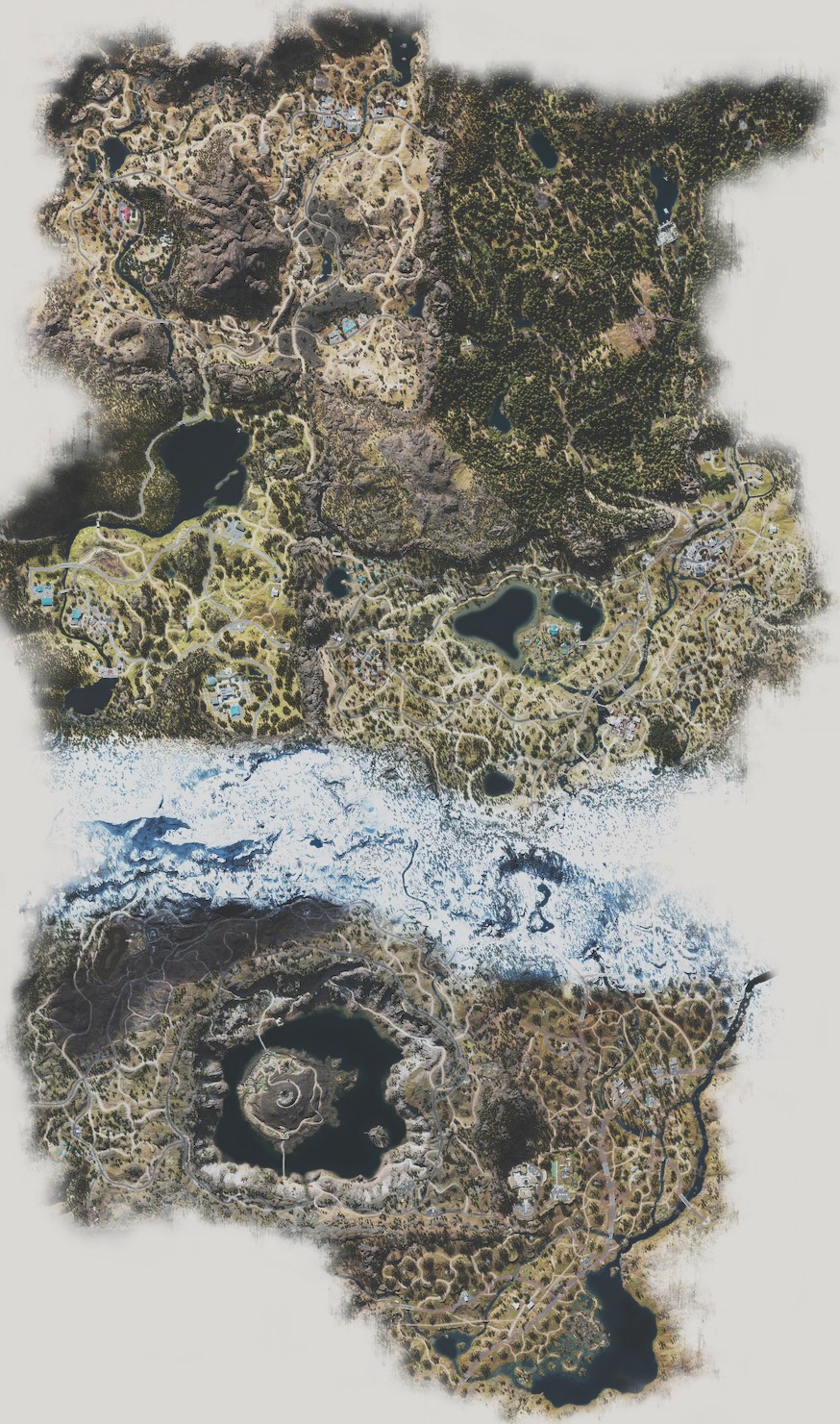 A detailed map of roads, forests, lakes, and mountain regions